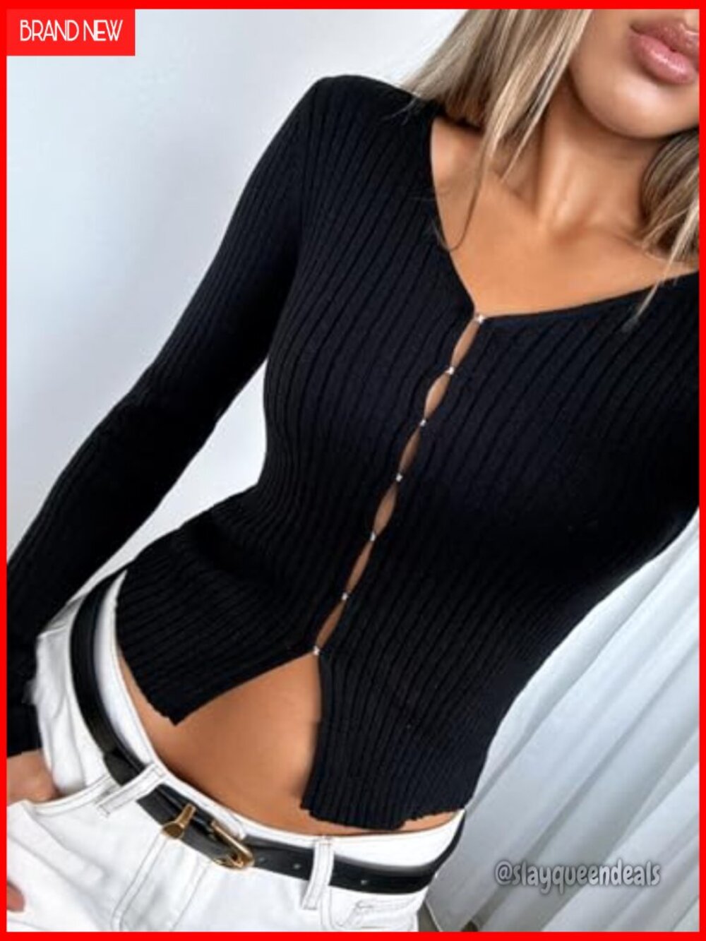 V Neck Long Sleeve Cropped Cardigan Going Out Top Y2k Ribbed Knit Open Front - Picture 2 of 7